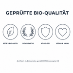 Qualitätsübersicht der Tasnim Bio-Zahnpasta: 63,78 % Bio-Anteil, Biokosmetik, Kontrollstellencode AT-BIO-301, vegan und halal. Zertifiziert als Biokosmetika gemäß ÖLMB Codexkapitel A8.