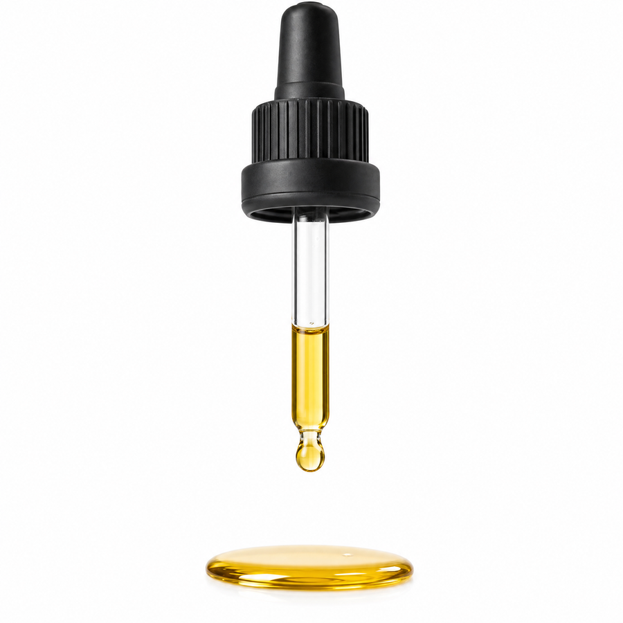 Pipette mit hängendem Tropfen Monardaöl und kleine Öl-Pfütze auf weißem Hintergrund