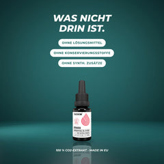 Was nicht drin ist: ohne Lösungsmittel, Konservierungsstoffe und synthetische Zusätze – 100 % CO2-Extrakt, hergestellt in der EU