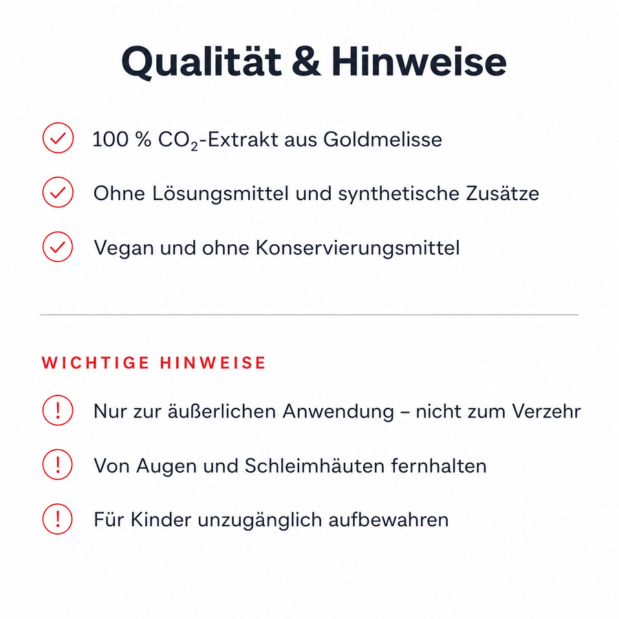 Qualität und wichtige Hinweise zum Monardaöl: 100 % CO₂-Extrakt, vegan, nur zur äußerlichen Anwendung