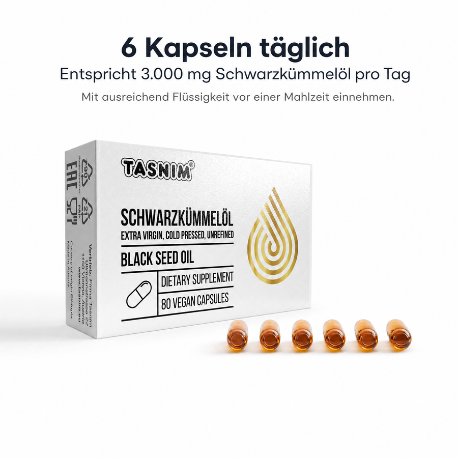 Verzehrempfehlung: 6 Kapseln täglich entsprechen 3.000 mg Schwarzkümmelöl pro Tag