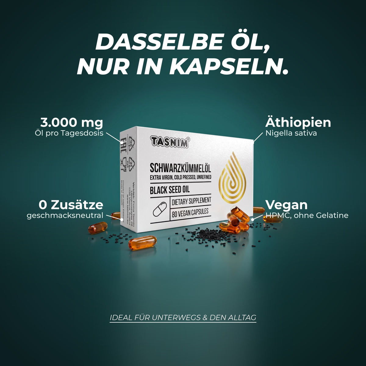 Dasselbe Öl, nur in Kapseln: 3.000 mg Öl pro Tagesdosis, Nigella sativa aus Äthiopien, 0 Zusätze, vegan ohne Gelatine