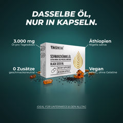 Dasselbe Öl, nur in Kapseln: 3.000 mg Öl pro Tagesdosis, Nigella sativa aus Äthiopien, 0 Zusätze, vegan ohne Gelatine