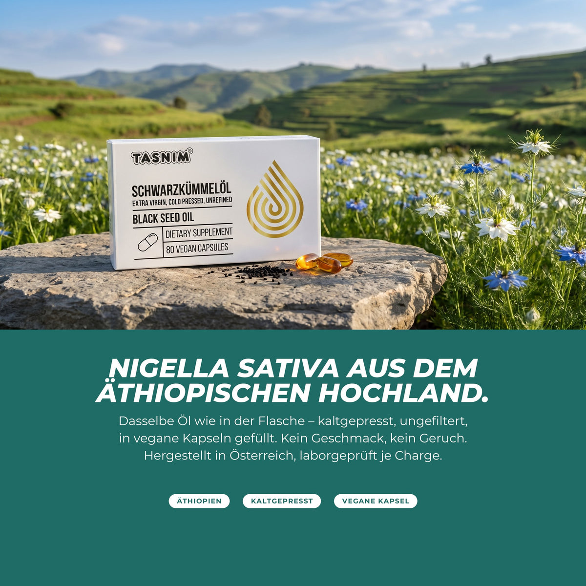Nigella sativa aus dem äthiopischen Hochland: kaltgepresstes, ungefiltertes Öl in veganen Kapseln, hergestellt in Österreich