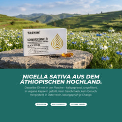 Nigella sativa aus dem äthiopischen Hochland: kaltgepresstes, ungefiltertes Öl in veganen Kapseln, hergestellt in Österreich