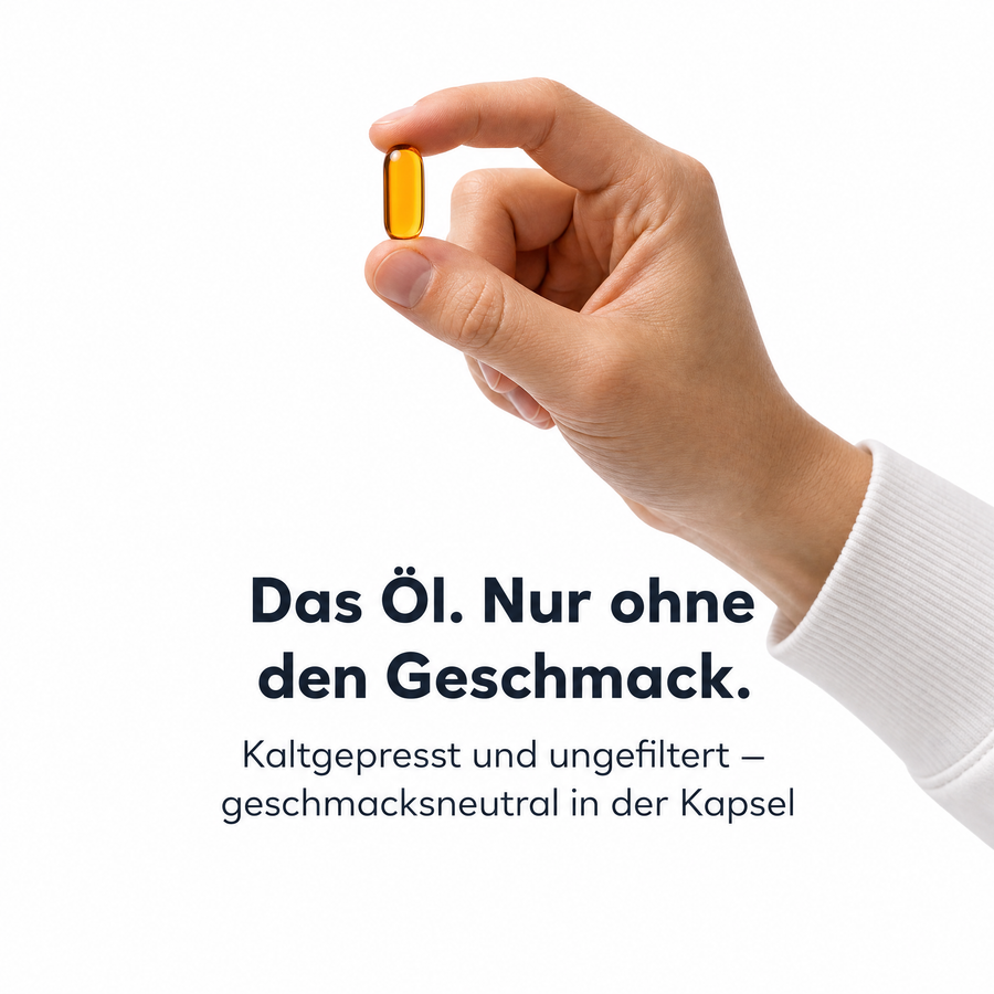 Kapsel mit sichtbarer Ölfüllung: kaltgepresstes Schwarzkümmelöl geschmacksneutral in der Kapsel