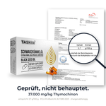 Laboranalyse des verwendeten Öls: 37.000 mg/kg Thymochinon laut PiCA Prüfbericht 26-T089-0001, chargenabhängig