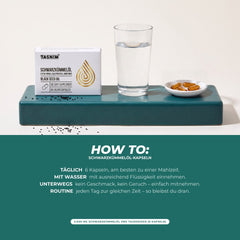 How to: täglich 6 Kapseln zu einer Mahlzeit mit ausreichend Flüssigkeit, 3.000 mg Schwarzkümmelöl pro Tagesdosis