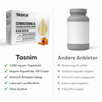 Vergleich Tasnim gegen andere Anbieter: 3.000 mg pro Tagesdosis, vegane Kapselhülle, Herkunft Äthiopien belegt, Laborwert veröffentlicht