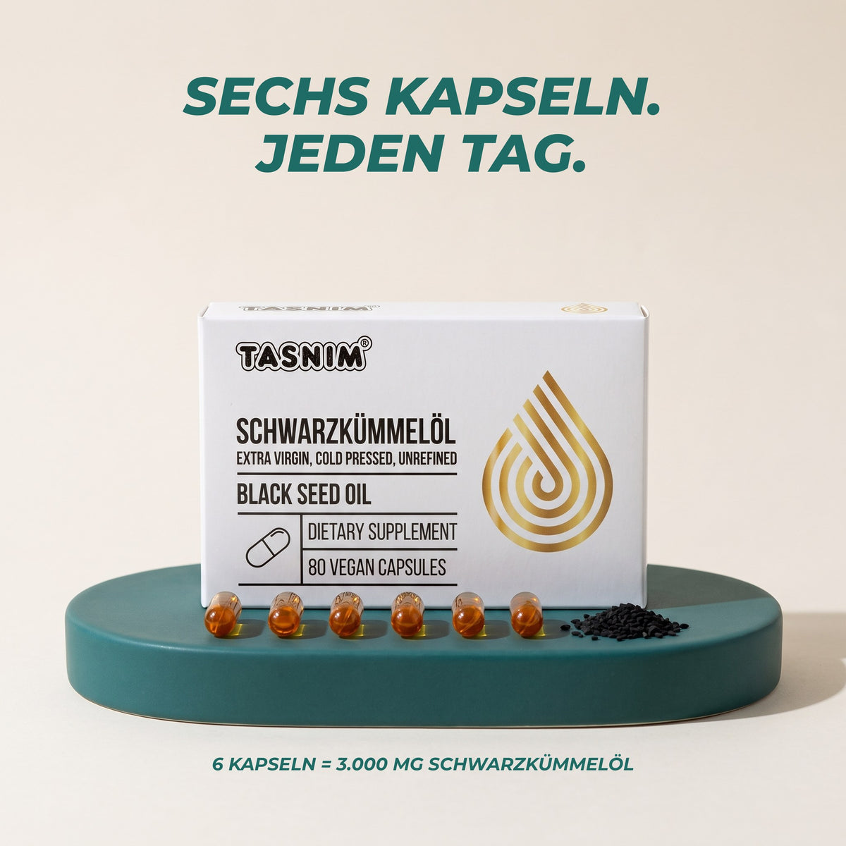 Sechs Kapseln, jeden Tag: 6 Kapseln entsprechen 3.000 mg Schwarzkümmelöl