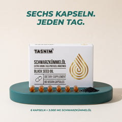 Sechs Kapseln, jeden Tag: 6 Kapseln entsprechen 3.000 mg Schwarzkümmelöl