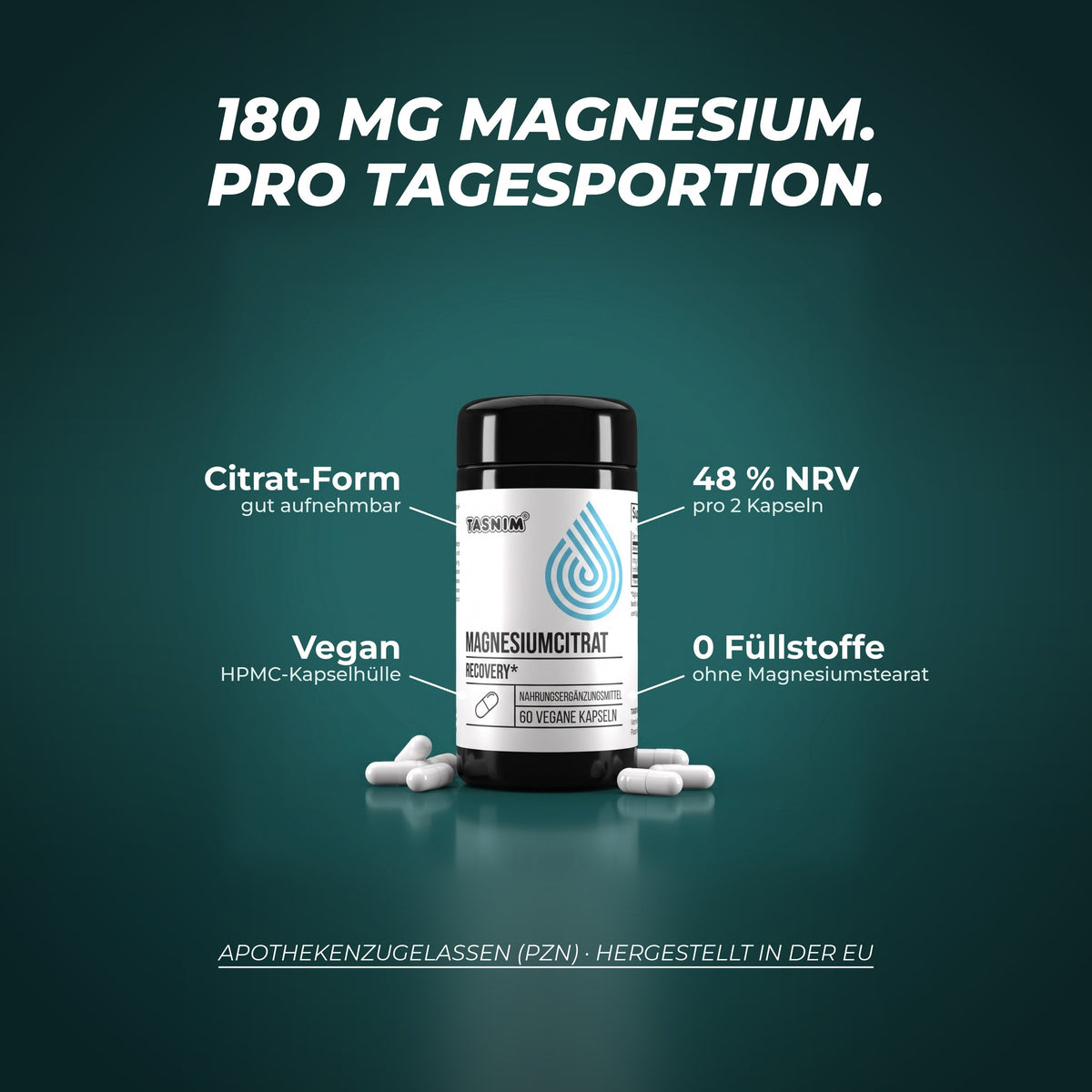 180 mg Magnesium pro Tagesportion: Citrat-Form, 48 % NRV pro 2 Kapseln, vegane HPMC-Hülle, ohne Füllstoffe und Magnesiumstearat
