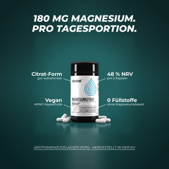 180 mg Magnesium pro Tagesportion: Citrat-Form, 48 % NRV pro 2 Kapseln, vegane HPMC-Hülle, ohne Füllstoffe und Magnesiumstearat