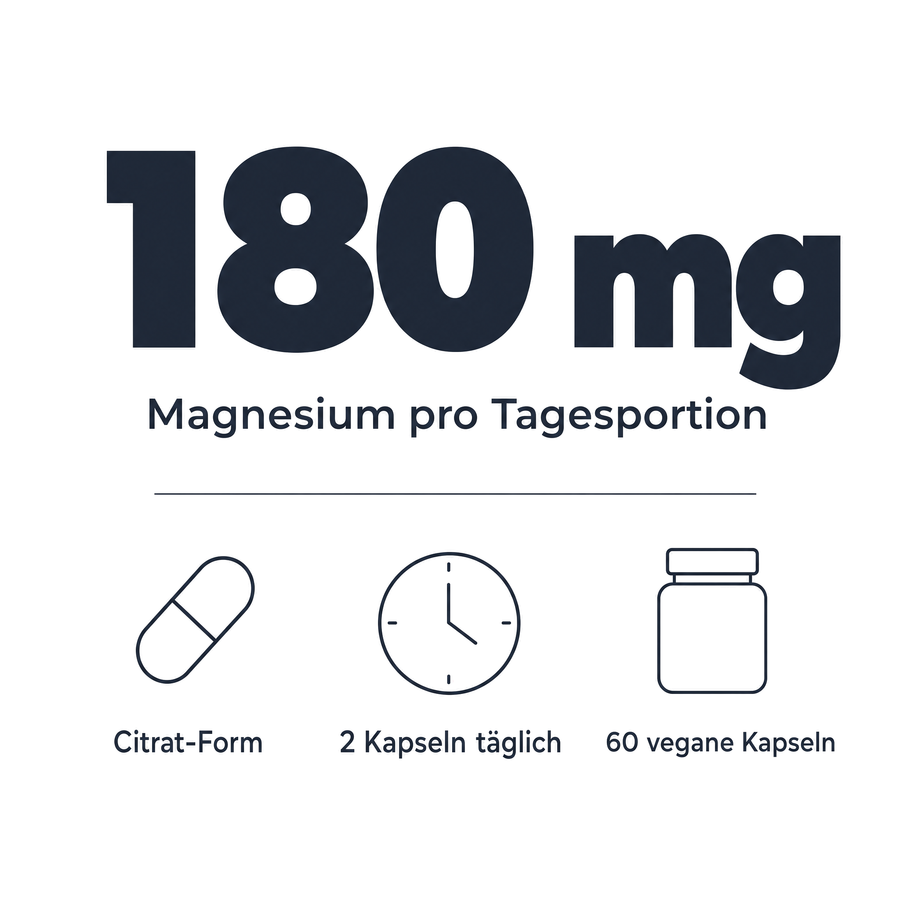 180 mg Magnesium pro Tagesportion aus Magnesiumcitrat – Citrat-Form, 2 Kapseln täglich, 60 vegane Kapseln