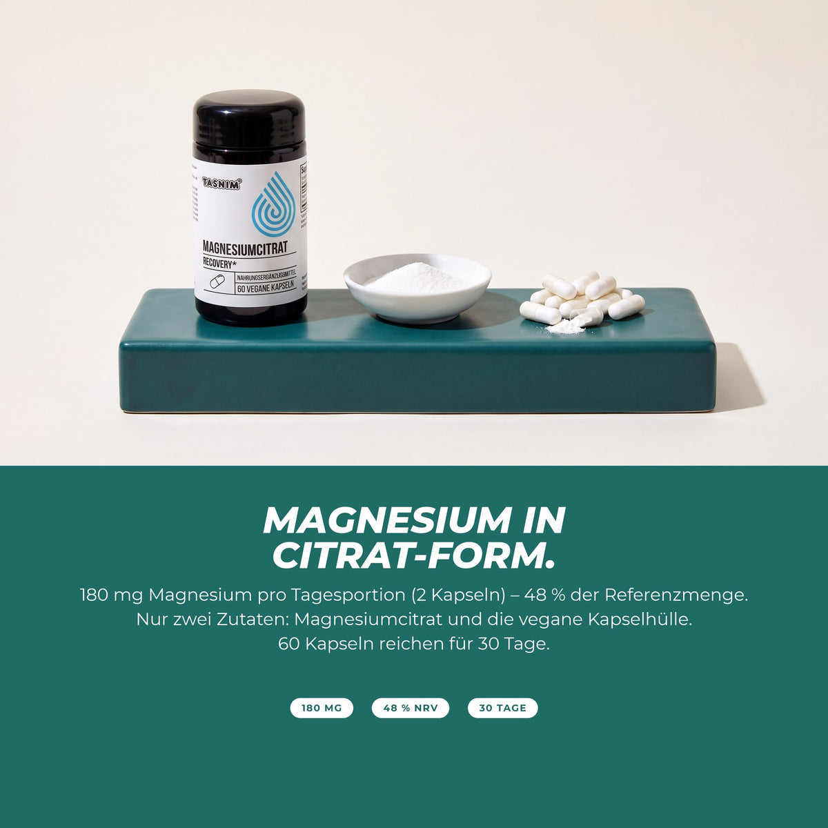 Magnesium in Citrat-Form: 180 mg pro 2 Kapseln, nur zwei Zutaten, 60 Kapseln reichen für 30 Tage