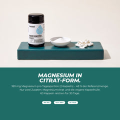 Magnesium in Citrat-Form: 180 mg pro 2 Kapseln, nur zwei Zutaten, 60 Kapseln reichen für 30 Tage