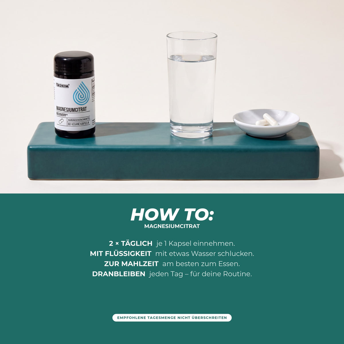 How to: 2 × täglich 1 Kapsel mit etwas Wasser, am besten zum Essen