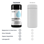 Vergleich: Tasnim Magnesiumcitrat mit Citrat-Form, ohne Füllstoffe, veganer Kapselhülle und laborgeprüft gegenüber einer neutralen grauen Dose
