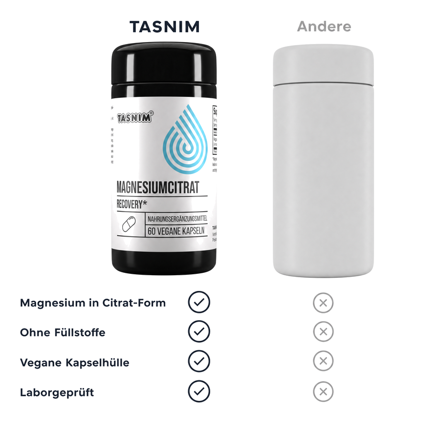 Vergleich: Tasnim Magnesiumcitrat mit Citrat-Form, ohne Füllstoffe, veganer Kapselhülle und laborgeprüft gegenüber einer neutralen grauen Dose