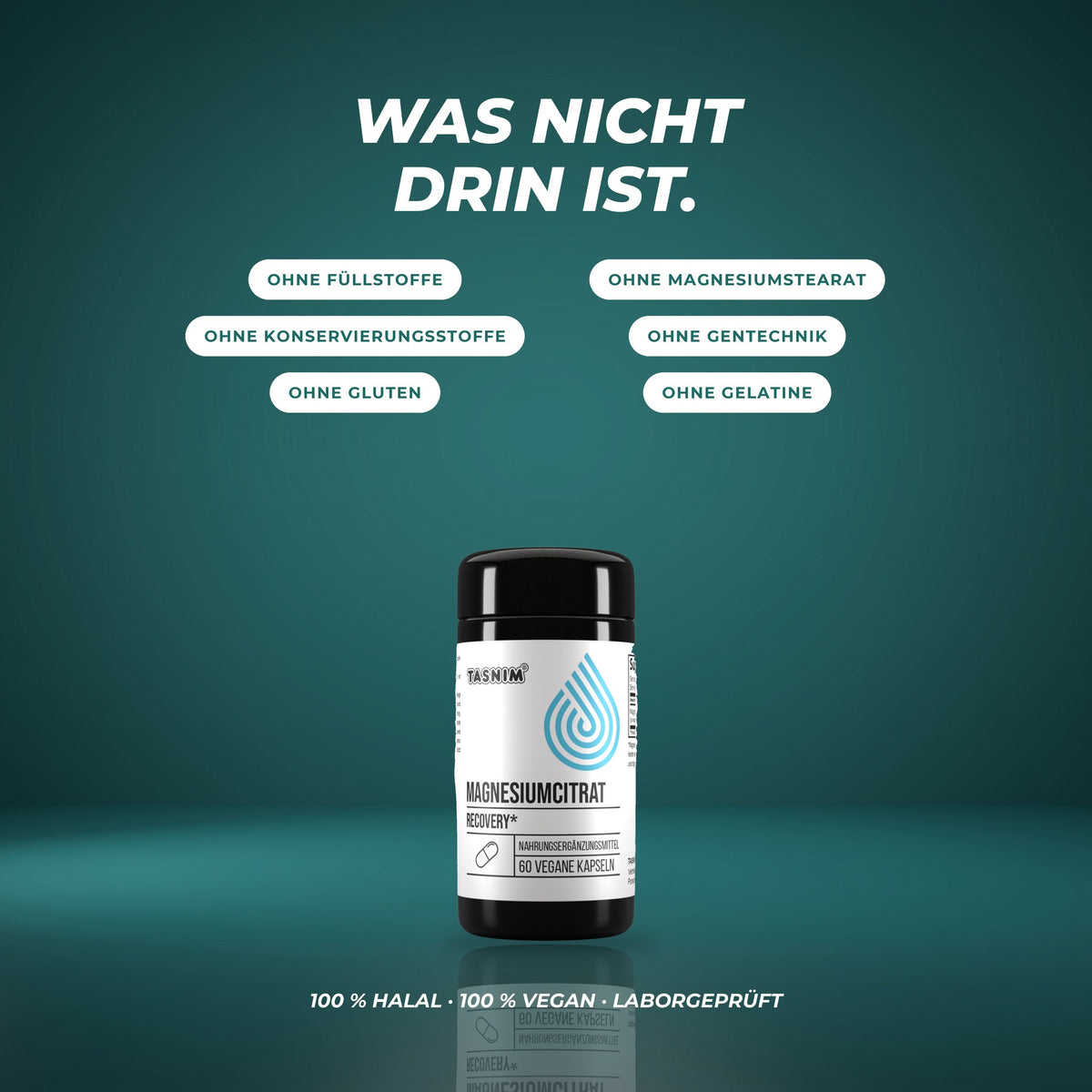 Was nicht drin ist: ohne Füllstoffe, Magnesiumstearat, Konservierungsstoffe, Gentechnik, Gluten und Gelatine