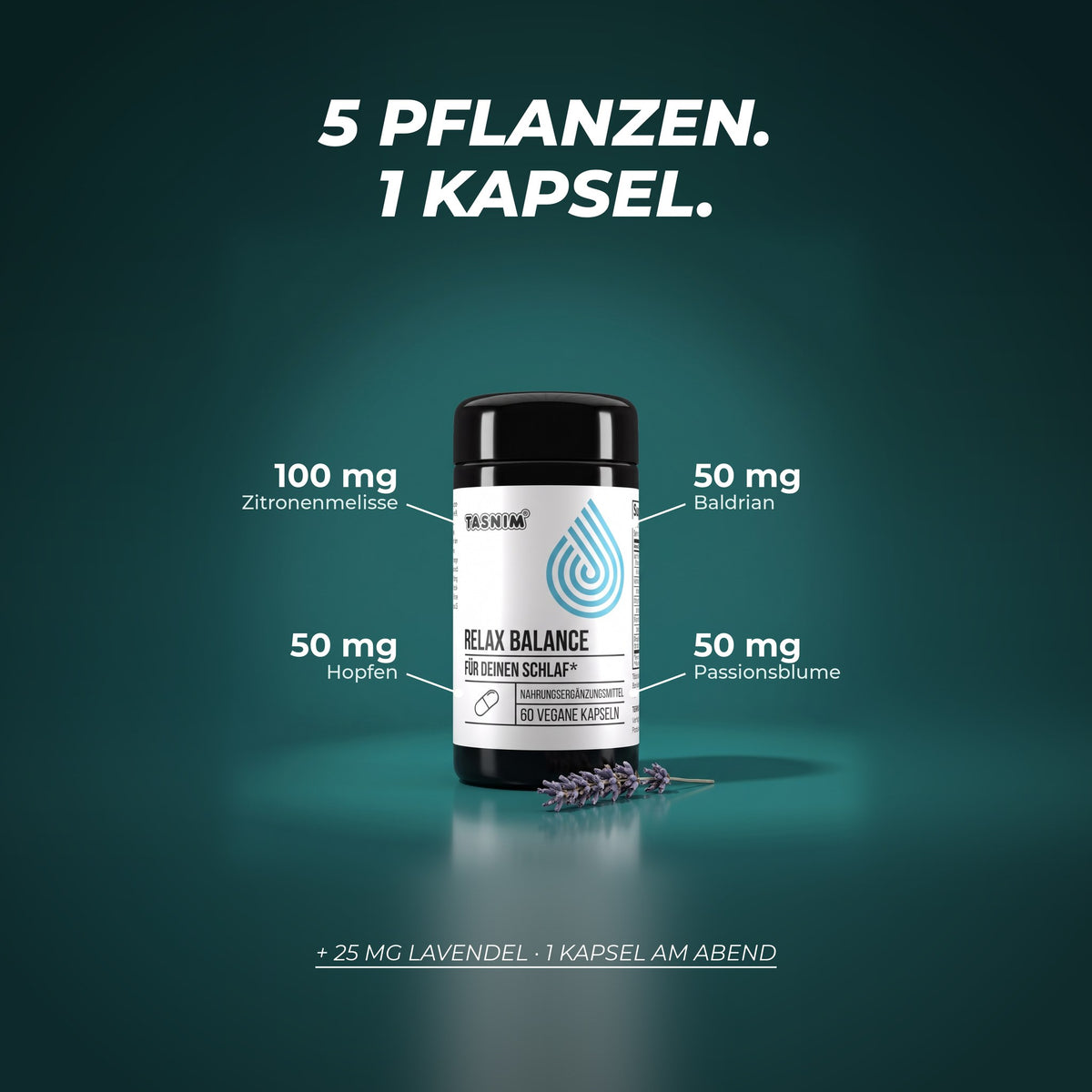 5 Pflanzen in einer Kapsel: 100 mg Zitronenmelisse, je 50 mg Baldrian, Hopfen und Passionsblume sowie 25 mg Lavendel – 1 Kapsel am Abend