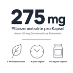 Infografik: 275 mg Pflanzenextrakte pro Kapsel, davon 100 mg Zitronenmelisse Blattextrakt – 5 Pflanzenextrakte, 1 Kapsel täglich, 60 vegane Kapseln