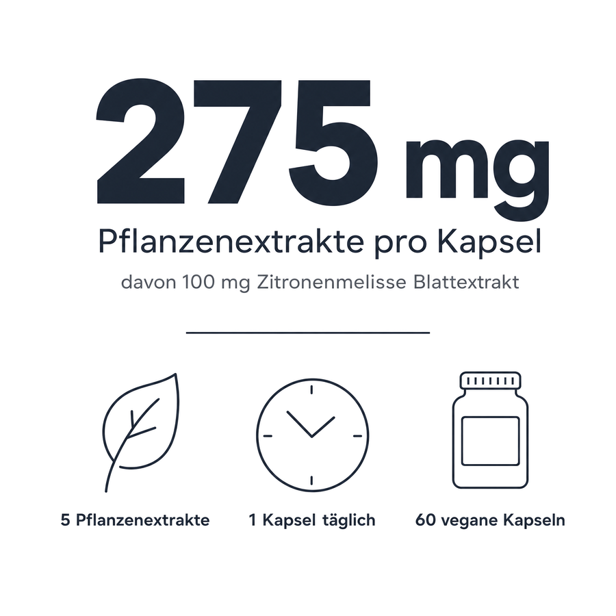 Infografik: 275 mg Pflanzenextrakte pro Kapsel, davon 100 mg Zitronenmelisse Blattextrakt – 5 Pflanzenextrakte, 1 Kapsel täglich, 60 vegane Kapseln