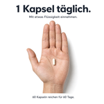Offene Hand mit einer einzelnen Relax Balance Kapsel – 1 Kapsel täglich mit etwas Flüssigkeit einnehmen, 60 Kapseln reichen für 60 Tage