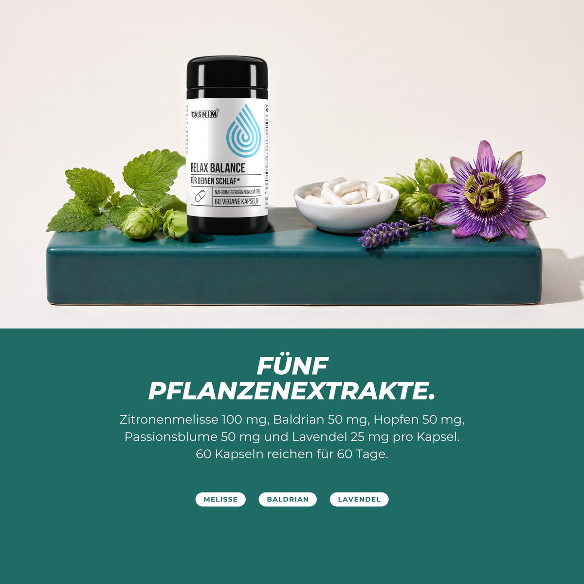 Fünf Pflanzenextrakte: Dose mit Zitronenmelisse, Hopfen, Lavendel und Passionsblume – Mengen je Extrakt pro Kapsel