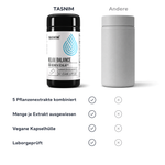 Vergleich: Tasnim Relax Balance Dose neben einer neutralen grauen Dose – 5 Pflanzenextrakte kombiniert, Menge je Extrakt ausgewiesen, vegane Kapselhülle, laborgeprüft