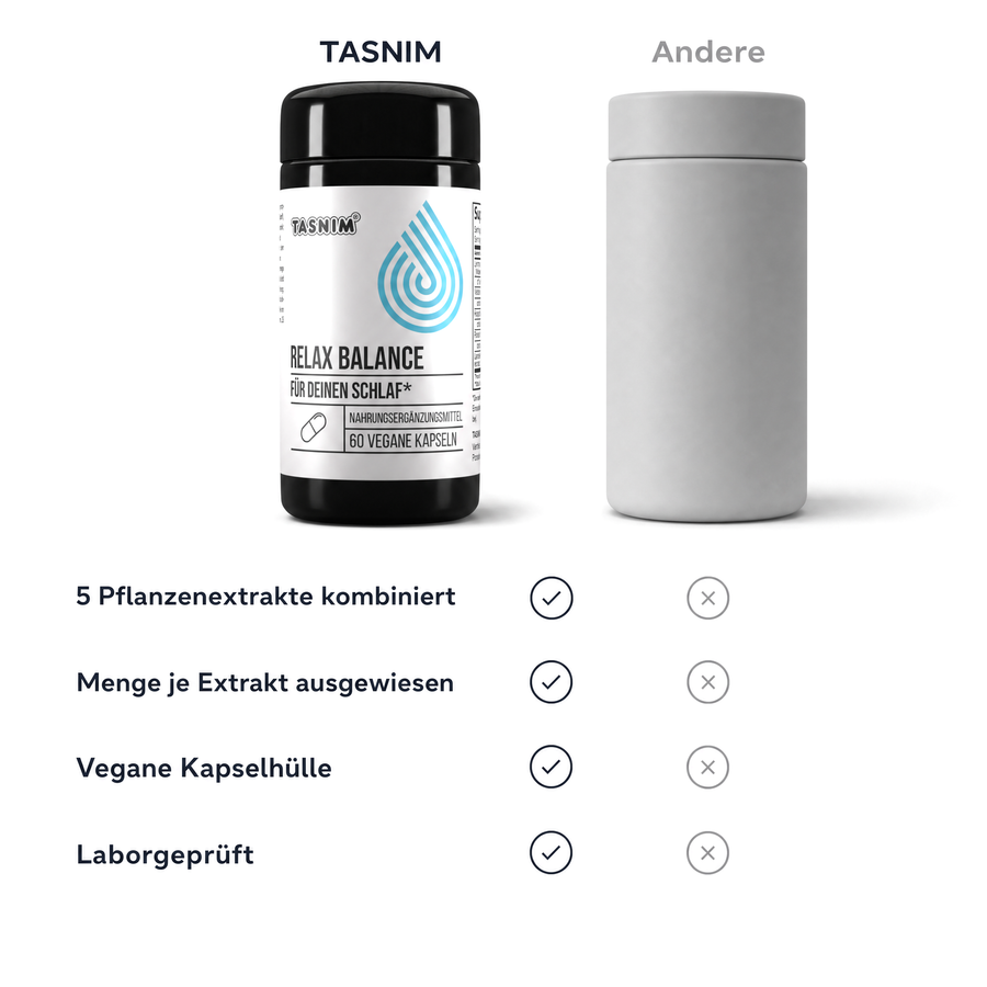 Vergleich: Tasnim Relax Balance Dose neben einer neutralen grauen Dose – 5 Pflanzenextrakte kombiniert, Menge je Extrakt ausgewiesen, vegane Kapselhülle, laborgeprüft