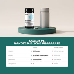 Tasnim Relax Balance gegenüber handelsüblichen Präparaten: 5 Pflanzenextrakte, Menge je Extrakt ausgewiesen, vegane Kapsel, laborgeprüft