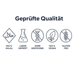 Geprüfte Qualität: 100 % halal, laborgeprüft, ohne Gentechnik, 100 % vegan, glutenfrei