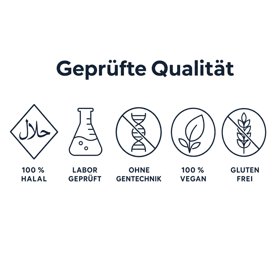 Geprüfte Qualität: 100 % halal, laborgeprüft, ohne Gentechnik, 100 % vegan, glutenfrei
