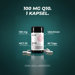 100 mg Coenzym Q10 pro Kapsel als natürliches Ubichinon-10 in MCT-Öl, 1 Kapsel täglich reicht 60 Tage – vegan, halal, laborgeprüft
