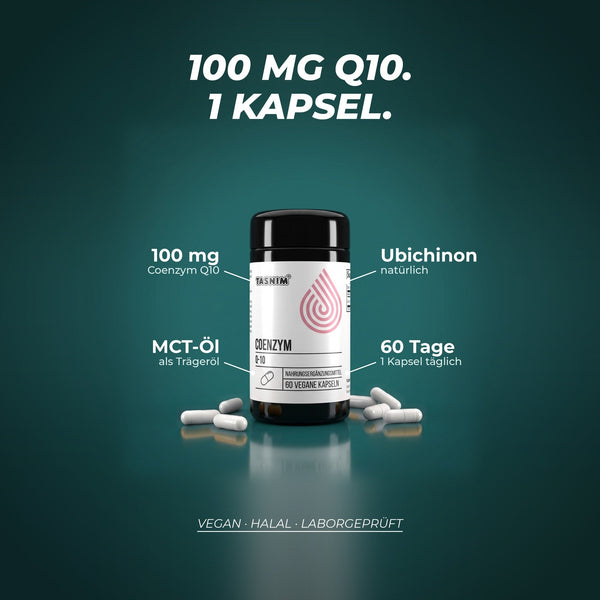 100 mg Coenzym Q10 pro Kapsel als natürliches Ubichinon-10 in MCT-Öl, 1 Kapsel täglich reicht 60 Tage – vegan, halal, laborgeprüft