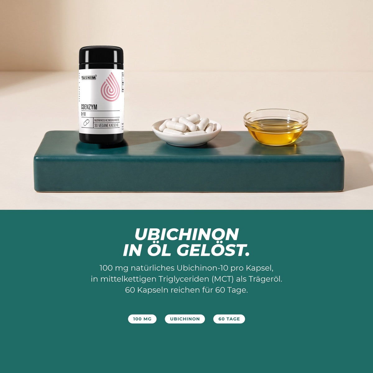Ubichinon in Öl gelöst: Dose mit weißen Kapseln und einer Schale Öl – 100 mg natürliches Ubichinon-10 in MCT-Öl pro Kapsel