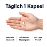 Verzehrempfehlung: täglich 1 Kapsel vor einer Mahlzeit mit etwas Flüssigkeit, 60 Tage Vorrat
