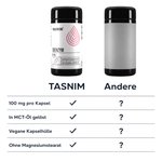 Vergleich Tasnim Coenzym Q-10 mit anderen Anbietern: 100 mg pro Kapsel, in MCT-Öl gelöst, vegane Kapselhülle, ohne Magnesiumstearat