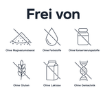 Frei von Magnesiumstearat, Farbstoffen, Konservierungsstoffen, Gluten, Laktose und Gentechnik
