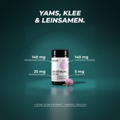 Pro Kapsel: 140 mg Yamswurzel-Extrakt, 140 mg Leinsamen-Extrakt, 25 mg Rotklee-Extrakt, 25 mg Soja-Extrakt und 5 mg Vitamin E – 1 Kapsel täglich