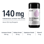 Femi-Step Balance: 140 mg Yamswurzel-Extrakt pro Kapsel, davon 22,4 mg Diosgenin, dazu Leinsamen-Extrakt 140 mg, Rotklee-Extrakt 25 mg, Sojabohnen-Extrakt 25 mg und Vitamin E 5 mg