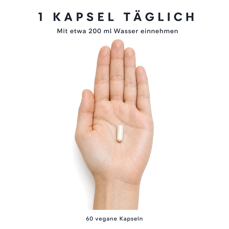 Verzehrempfehlung Femi-Step Balance: 1 Kapsel täglich mit etwa 200 ml Wasser einnehmen, 60 vegane Kapseln