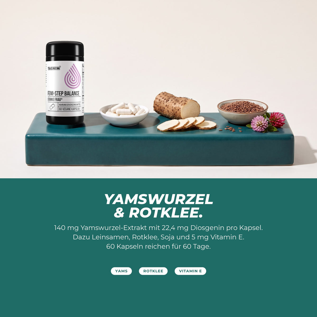 Yamswurzel und Rotklee: Dose mit Yamswurzel, Leinsamen und Rotkleeblüte – 140 mg Yamswurzel-Extrakt mit 22,4 mg Diosgenin pro Kapsel