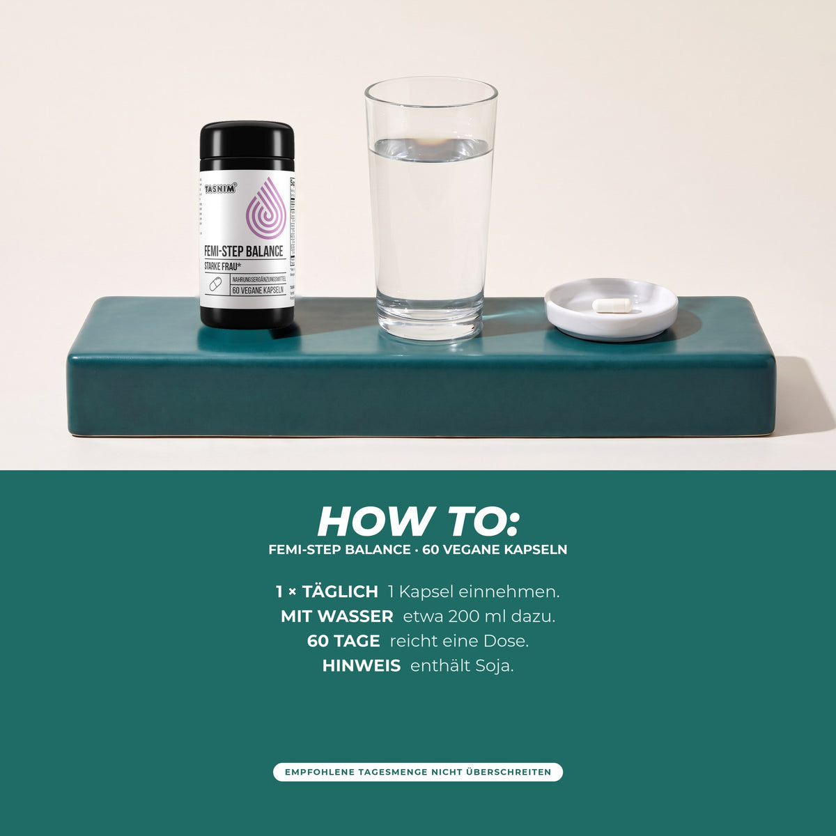 How to: täglich 1 Kapsel mit etwa 200 ml Wasser, eine Dose reicht 60 Tage – enthält Soja