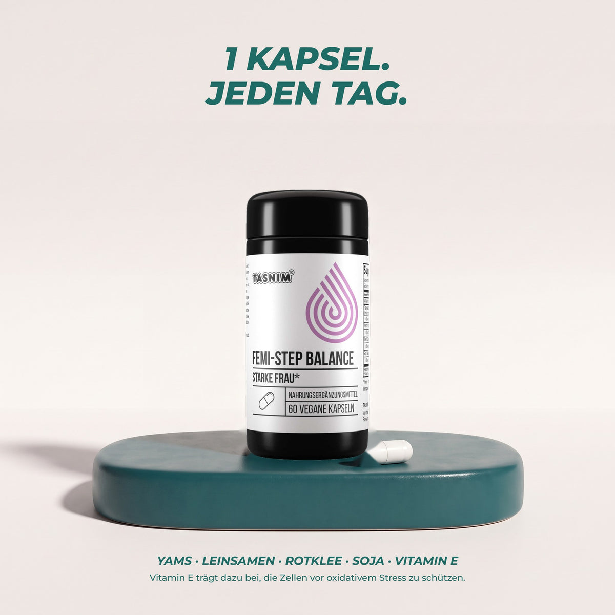 1 Kapsel jeden Tag: Yams, Leinsamen, Rotklee, Soja und Vitamin E – Vitamin E trägt dazu bei, die Zellen vor oxidativem Stress zu schützen