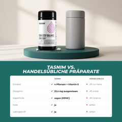 Tasnim Femi-Step Balance gegenüber handelsüblichen Präparaten: 4 Pflanzenextrakte plus Vitamin E, Diosgenin-Gehalt ausgewiesen, vegane Kapsel, halal, laborgeprüft