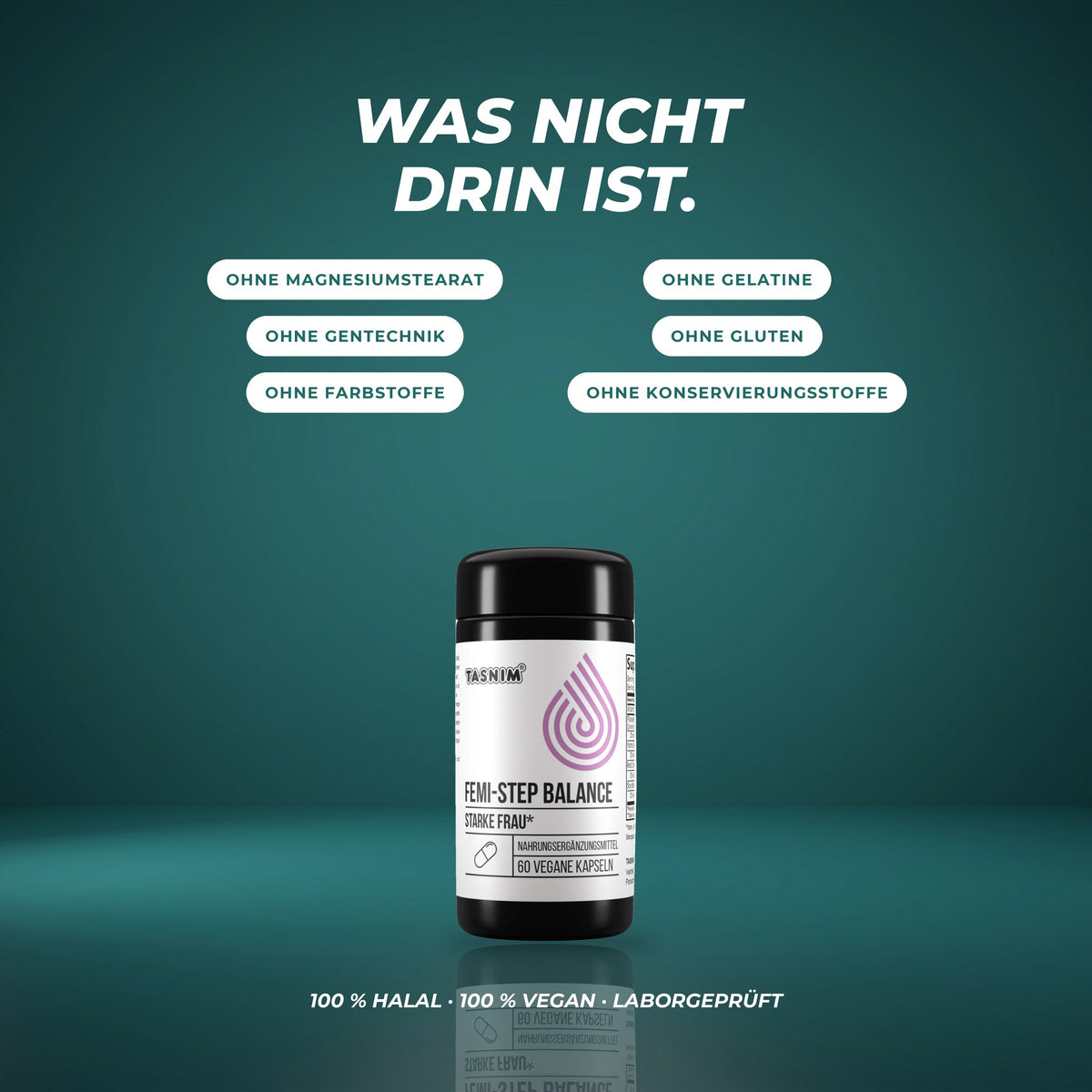 Was nicht drin ist: ohne Magnesiumstearat, Gelatine, Gentechnik, Gluten, Farbstoffe und Konservierungsstoffe