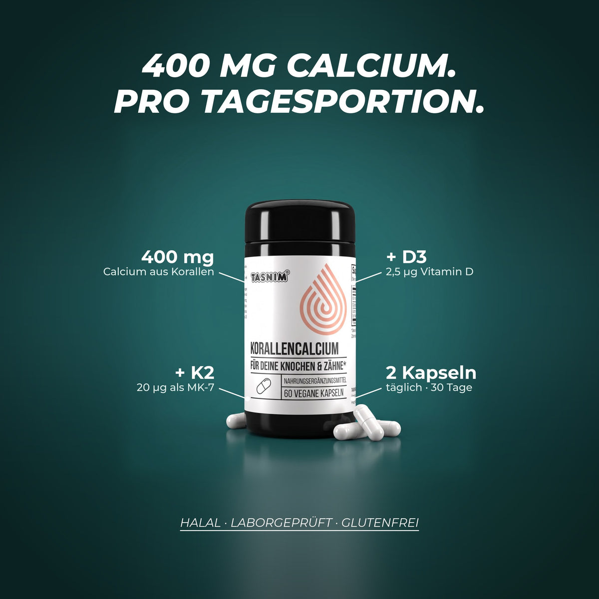 400 mg Calcium pro Tagesportion aus Korallencalcium, dazu 2,5 µg Vitamin D3 und 20 µg Vitamin K2 als MK-7, 2 Kapseln täglich reichen 30 Tage