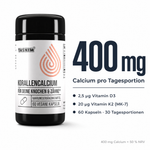 Infografik: Tasnim Korallencalcium Dose neben der Angabe 400 mg Calcium pro Tagesportion, dazu 2,5 µg Vitamin D3, 20 µg Vitamin K2 (MK-7) und 60 Kapseln für 30 Tagesportionen